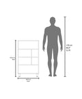 Size comparison of Six Shelves Narrow Storage Cabinet For Living Room And Kitchen, Scratch Resistant Bookcase beside human silhouette.