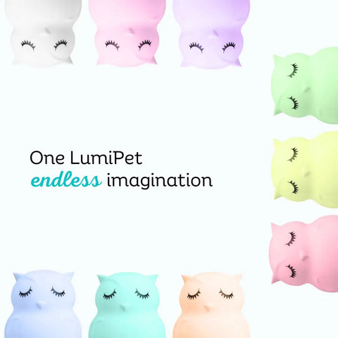 Nine soft color owl night lights in a circle, showcasing Kid Friendly Remote Control Owl Night Light For Kids, 9 Soft Color Modes.
