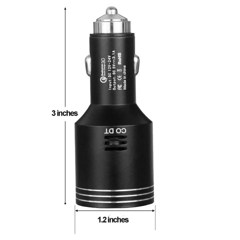 Front view of Dual USB Car Charger With Quick Charge 3.0, 2 USB Ports, In Car Carbon Monoxide Alarm With LCD Display, Black