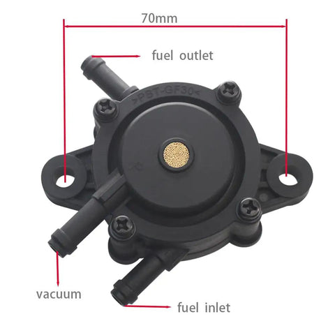 3 Port Vacuum Fuel Pump for Small Engine Lawn Mower and Tractor, black plastic body, showing 70mm size with mounting brackets