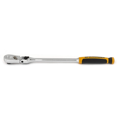 3/8 Inch Drive 90-Tooth Locking Flex Head Teardrop Ratchet, 13 Inch, dual material handle, side view