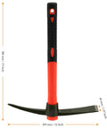 2 Pack 15 Inch Garden Pick Mattock With Red Fiberglass Handle, Beastly Tough Forged Carbon Steel Head, dimensions labeled.