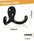 Heavy Duty Double Prong Wall Hooks Set, Metal Wall Mounted Coat Hooks dimensions and screw size details