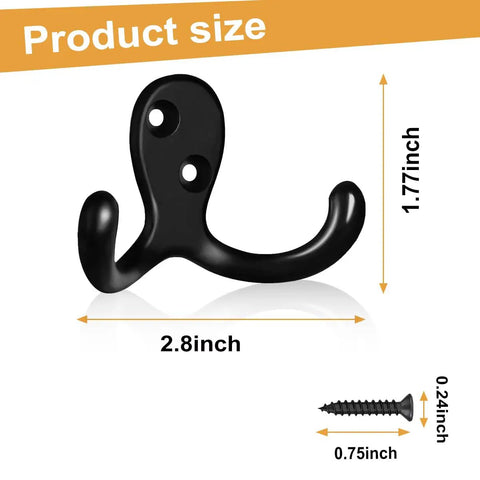 Heavy Duty Double Prong Wall Hooks Set, Metal Wall Mounted Coat Hooks dimensions and screw size details