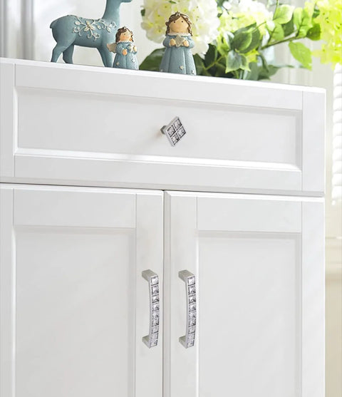 U Shape Crystal Glass Diamond Rhinestone Cabinet Pulls 4 Pack With 2.5 Inch Center Holes Installed on White Cupboard Doors
