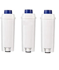Three Hassle Free Swap Activated Carbon Water Softener Filters For Automatic Coffee Machines, white with blue tops.