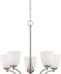 Patton Five Light Chandelier In Brushed Nickel With Frosted Glass Shades, 60W A19 Max Bulbs Not Included, Dry Location Ceiling Fixture