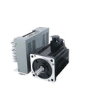 Front view of black AC servo motor with silver shaft and gray vented driver module