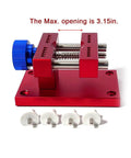 Adjustable Watch Case Holder For Precision Repairs, Rotating Size Control, red metal holder with blue knob, max opening 3.15in