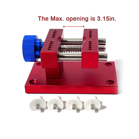 Adjustable Watch Case Holder For Precision Repairs, Rotating Size Control, red metal holder with blue knob, max opening 3.15in