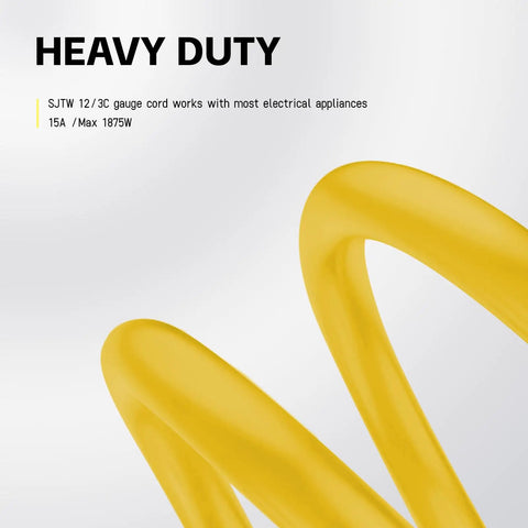 Close-up of 100 Ft Lighted Outdoor Extension Cord With 12 Gauge 3 Wire SJTW Heavy Duty Yellow Cable showing flexibility