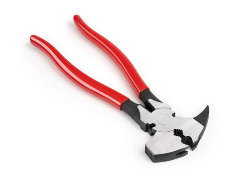 10-1/2 Inch Fencing Pliers With Staple And Nail Puller And Wire Splicer For Fence Installations, red rugged grip, alloy build