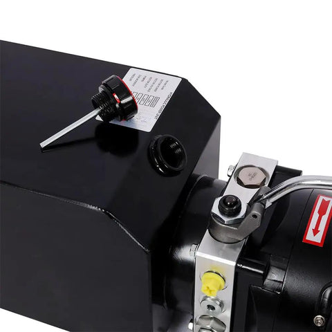 Close-up of Stanss Single Acting Hydraulic Power Unit with 10 Quart Steel Reservoir, featuring safety valve and connectors.