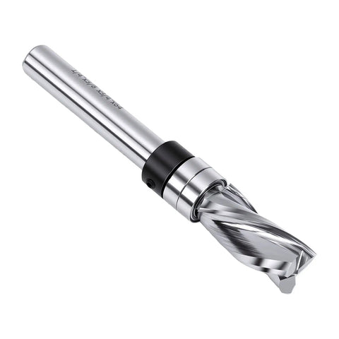 Premium Flush Trim Router Bit With Top Bearing For Perfect Wood Trimming Features 1/4 Inch Shank And 3/8 Inch Cutting Diameter Plus 3/4 Cut Length Using Tungsten Carbide Blades.