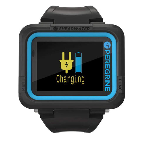 Peregrine Dive Computer With Two Button Interface showing charging screen, black finish, blue trim, for open water dives.