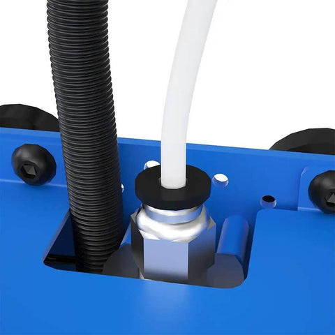 2M PTFE Teflon Tube for 1.75mm filament connected to a 3D printer extruder, showing 4mm OD, 2mm ID tubing installed in a blue mount.