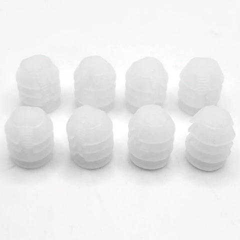Hella Sturdy Replacement Screws And Plastic Sleeve Insert Set For Bed Frame Repair Solid Furniture Hardware That Snaps Right In, eight white plastic sleeve inserts.