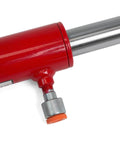 Close-up of a 26 Inch Long 10 Ton Hydraulic Pull Back Ram for Porta Power Frame Machine, showing red and metal components with valve.