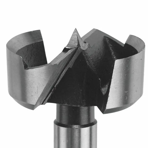 Close-up of Top Shelf Quarter Inch Forstner Bit, heavy duty chrome alloy steel, designed for clean flat bottom wood holes.