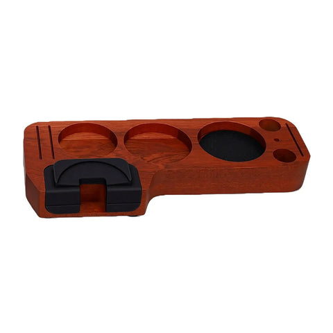 Premium Spring Loaded 51Mm Coffee Espresso Tamper Set Delivering Exact 30 Pound Pressure For Flawless Puck Prep and Straight Up Pro Barista Shots wooden base with tamper holder and multiple recesses for accessories.