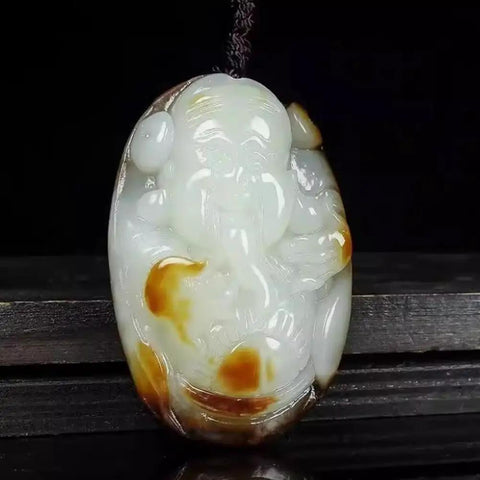 Raw Stone White Jade Wealth Deity Pendant For Men And Women With Original Skin Seed Material And Mutton Fat Jade Charm Feng Shui Inspired Jewelry