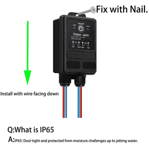 Wireless Relay Switch Remote For 12V 24V 48V 72V Systems No Fuss Setup, 30A Waterproof IP65, installation guide shown