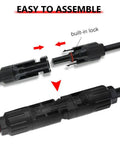Heavy Duty 10 Foot 12 Awg Solar Panel Extension Cable Pair With Slick Male Female Connectors For Rv Camper Top Shelf Roof Rack Power Run Zero Sweat Plug And Play Solar Wiring Adapter Kit In Red And Black, close-up of connectors.