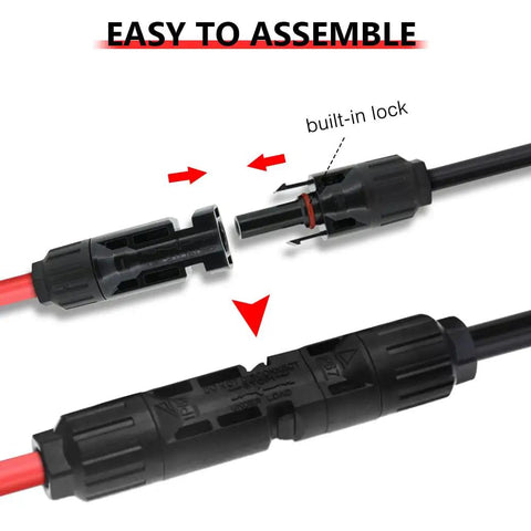 Heavy Duty 10 Foot 12 Awg Solar Panel Extension Cable Pair With Slick Male Female Connectors For Rv Camper Top Shelf Roof Rack Power Run Zero Sweat Plug And Play Solar Wiring Adapter Kit In Red And Black, close-up of connectors.