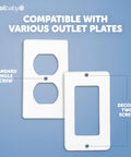 Outlet Cover Box For Kid Safe Child Safety Two Pack Fits Most Plugs And Cords Duplex And Decorator Electrical Plates With Concealed Access Buttons And Spacious Compartment next to text 'Compatible With Various Outlet Plates'.