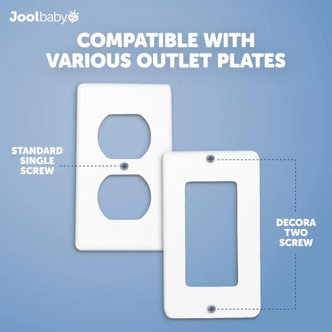 Outlet Cover Box For Kid Safe Child Safety Two Pack Fits Most Plugs And Cords Duplex And Decorator Electrical Plates With Concealed Access Buttons And Spacious Compartment next to text 'Compatible With Various Outlet Plates'.