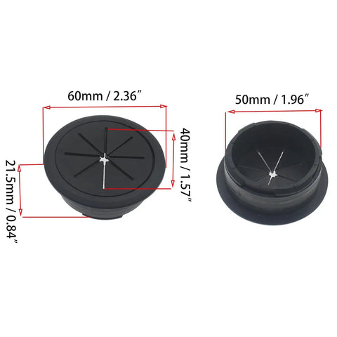 Image of black 2 Inch Desk Grommet and Hole Saw Kit with measurements, part of 5 Pack 50mm Flexible Desk Cord Hole Covers.