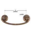 Classic Aged Brass Drawer Bail Pull With Three Inch Centers For Antique Cabinets And Dresser Drawers, Traditional Reproduction Furniture Hardware With Fifteen Sixteenth Inch Rosette Diameter, Includes Two Eye Bolts And Two Rosette Backplates