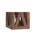 Close-up of geometric base on Brown Farmhouse Wood Table Lamp With White Linen Drum Shade 21.5 Inch Cozy Rustic Modern Bedside And Living Room Mood Light LED Bulb Included ETL Listed For Safety.