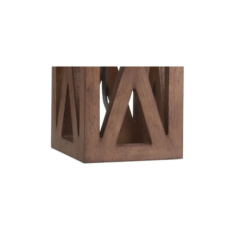 Close-up of geometric base on Brown Farmhouse Wood Table Lamp With White Linen Drum Shade 21.5 Inch Cozy Rustic Modern Bedside And Living Room Mood Light LED Bulb Included ETL Listed For Safety.