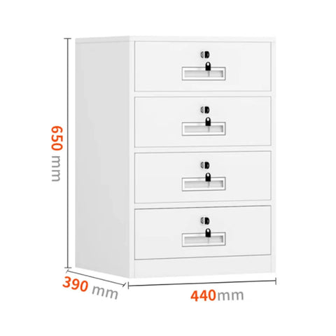 Vertical 4 Drawer Locking File Cabinet For Home Office Under Desk Storage Space Saver Metal Filing Cabinet with dimensions shown.