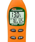 RH300 Digital Psychrometer Humidity Meter With Temperature, Dew Point And Wet Bulb Readouts, orange handheld meter