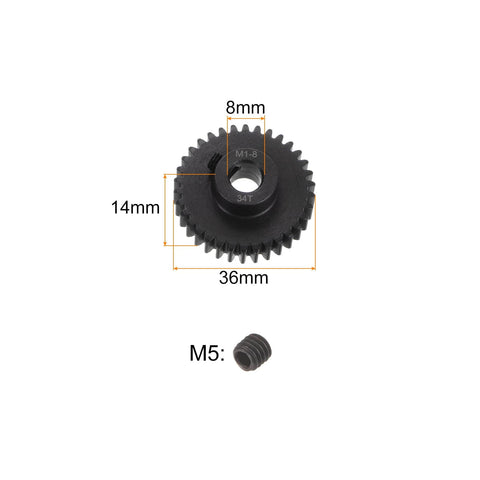 Mod 1 34T Pinion Gear with 8mm Bore Hardened Steel Motor Rack Spur Gear for RC Cars and Trucks with M5 screw, dimensions shown