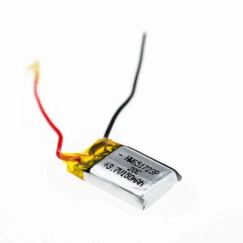 Close-up of 3.7V 150mAh LiPo Battery for Syma S107 S107G RC helicopter with wires visible, model 651723.