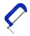 Built Tough 4 Inch Woodworking G Clamp With Quick Release C Clamp for desk mounting, shown in blue with metal screw and swiveling pad.