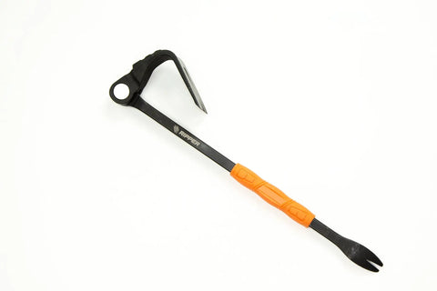 Heavy Duty Indexing Crowbar And Nail Puller Wrecker Tool Boasting Multi Angle Locking Head, black steel with orange grip.