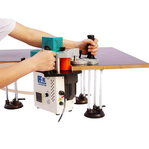 Hands using Portable Edge Banding Machine For Curves And Straights, Lightweight Desktop Style With Precise Speed Control 110V.