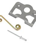 Heavy Duty Quarter Turn Fastener Kit With Weld On Steel Spring Plates And Pop Rivets for quick release, showing spring plate, hook, and rivet.