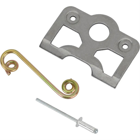 Heavy Duty Quarter Turn Fastener Kit With Weld On Steel Spring Plates And Pop Rivets for quick release, showing spring plate, hook, and rivet.