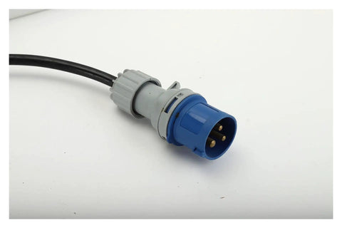Hella Solid Heavy Duty Industrial Grade 220 Volt 3 Pin European Extension Cord And Socket Set with blue 3 pin plug and black cable.