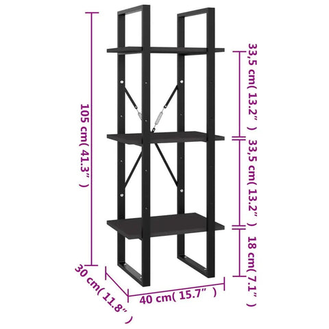 Three Tier Book Cabinet in Gray, Space-Saving Engineered Wood Storage, 15.7 by 11.8 by 41.3 Inches, shown with dimensions