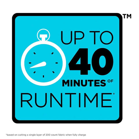 Infographic showing up to 40 minutes of runtime for 4V Max Cordless Fabric And Craft Cutter Rotary Tool With USB Rechargeable Battery.