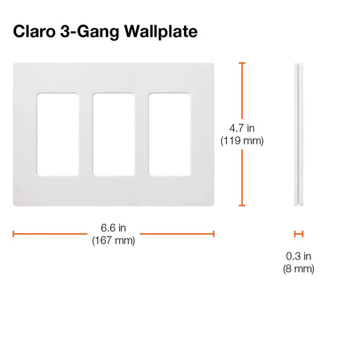 Claro White 3-Gang Screwless Light Switch Cover Plate for Rocker Switches and Dimmers Easy Install Decorator Wall Plate Outlet Cover Gloss CW-3-WH showing dimensions