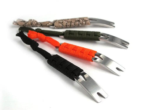 Set of four Everyday Carry Mini Pry Bar Set With Paracord System Stainless Steel Scraper And Bobbin Winder 4 Piece EDC Keychain Tools shown in different colors