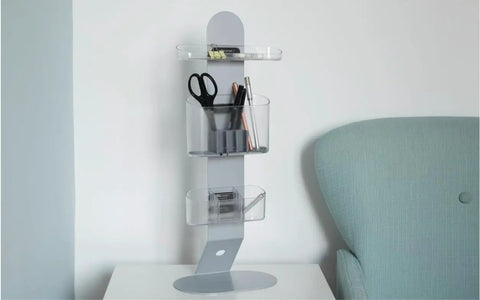 Magnetic Desk Organizer Set With Modular Stand Metal Construction Three Trays And Pen Holder For Office Home Dorm Study Room Space Saving Stationery Organizer Gift Ready For Any Workspace Vibe, featuring a vertical metal structure with clear trays and pen holder on a desk.