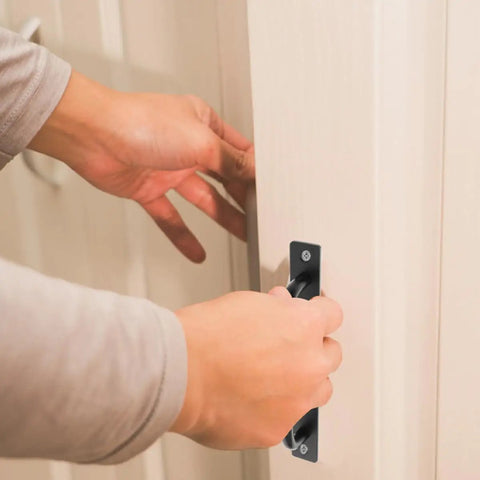 Black Aluminum Barn Door Handles Set Of 4 Surface Mounted Sliding Cabinet Door Pulls in use on light door